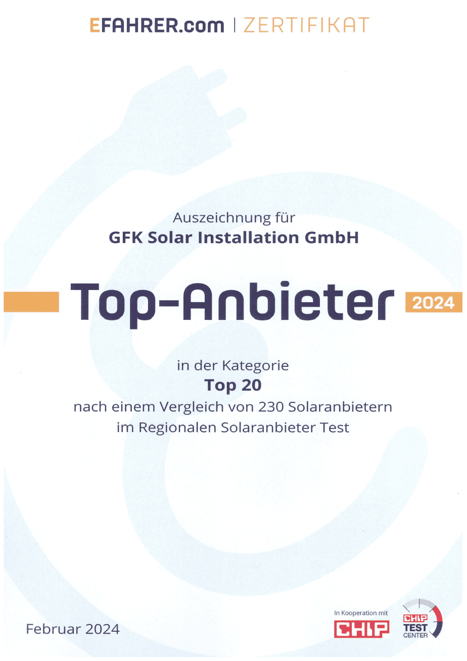 EFAHRER.com Top-Anbieter Zertifikat — GFK Solar Installation GmbH, Top 20 von 230 Solaranbietern