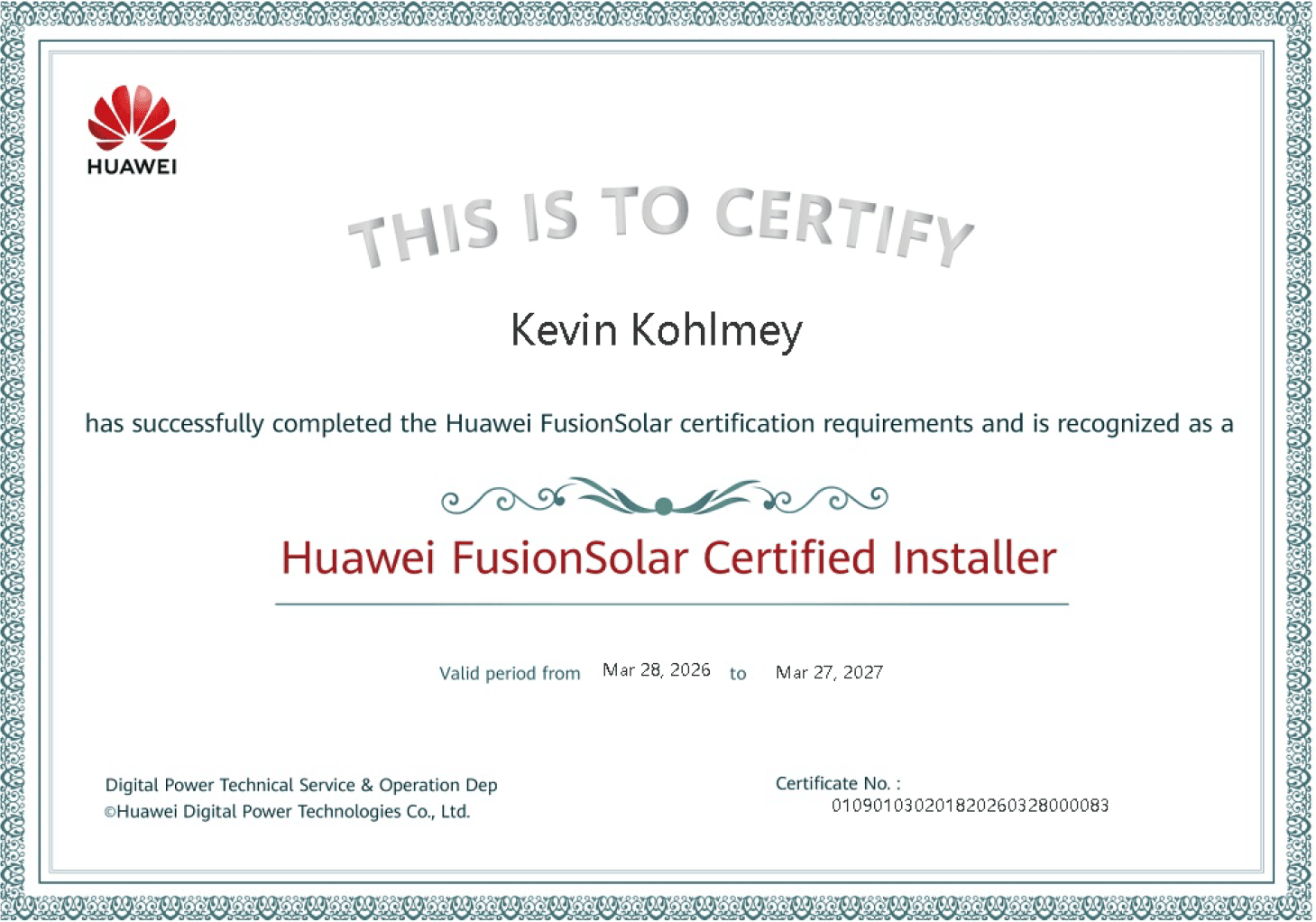 Huawei Zertifikat — GFK Solar Installation GmbH