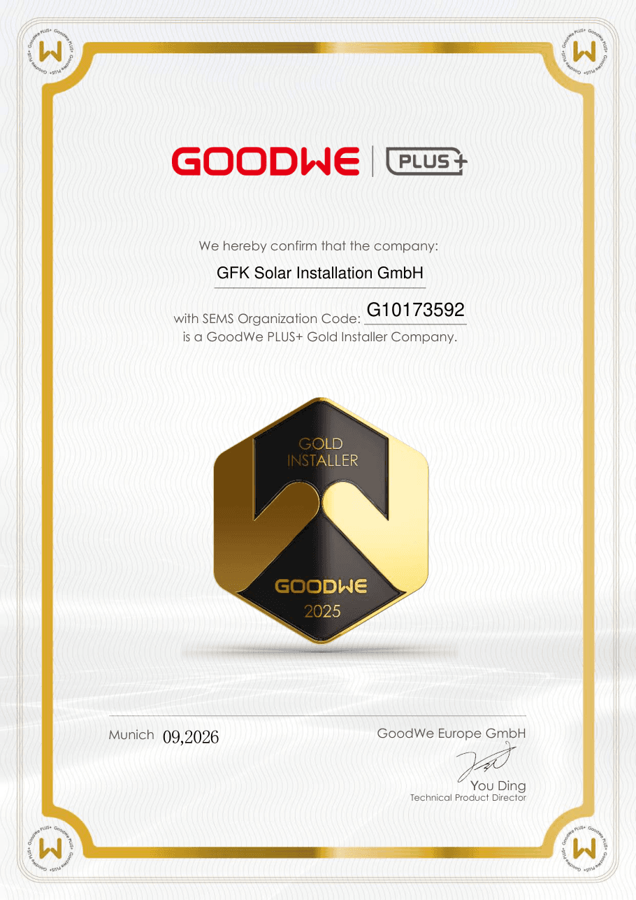 GoodWe PLUS+ Gold Installer Zertifikat — GFK Solar Installation GmbH